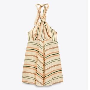Zara - Striped Mini Linen Halter Dress in Cream and Green - Size Large